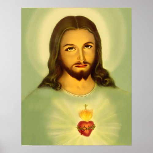 Sacred Heart of Jesus Tradional green tone Poster