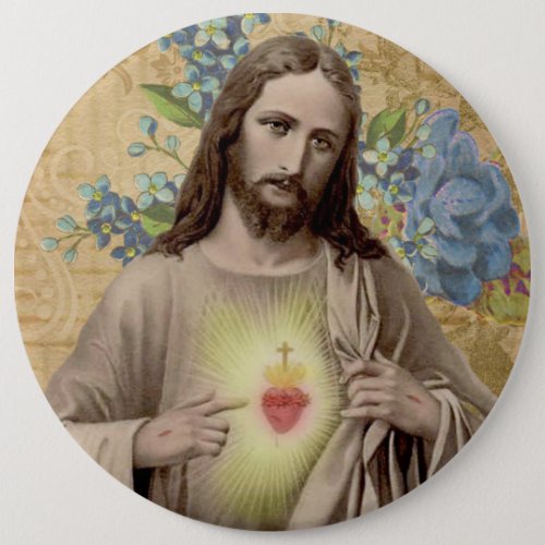 Sacred Heart of Jesus Vintage Floral Religious Button