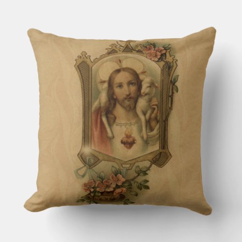 Sacred Heart of Jesus Vintage with Lamb Flowers Throw Pillow