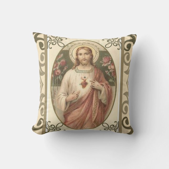 Sacred Heart of Jesus w/pink roses Throw Pillow (Front)