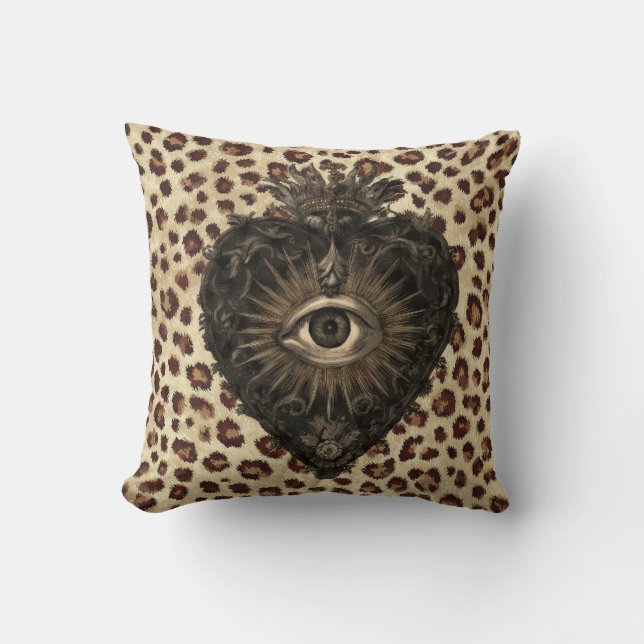 Sacred Heart on Leopard Background Throw Pillow (Front)