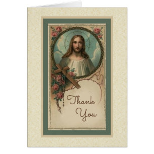 Sacred Heart Rosary Flowers Cross Thank You Cards