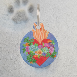 Sacred Heart Watercolor Personalized Cat Dog Pet ID Tag