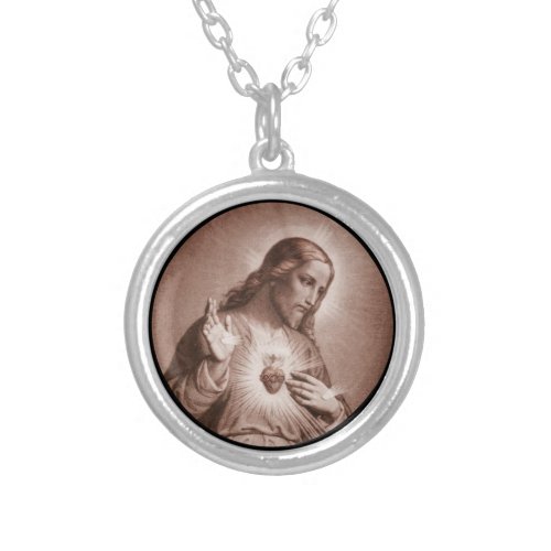 Sacred Heart with Cross Silver Plated Necklace