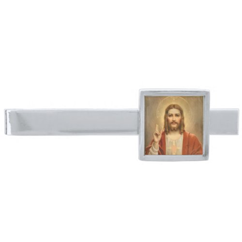 Sacred Heart with Halo Silver Finish Tie Bar
