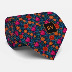 Sacred Hearts and Marigold Flowers Neck Tie