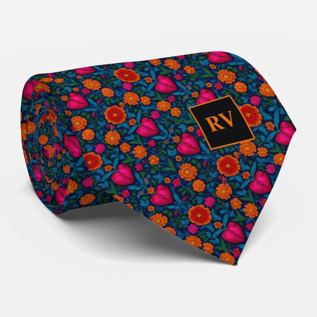 Sacred Hearts and Marigold Flowers Neck Tie (Rolled)