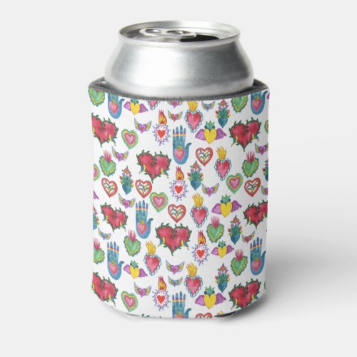 Sacred Hearts Colorful Watercolor  Pattern Can Cooler