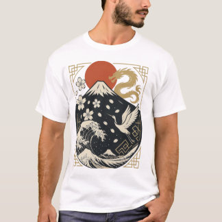 【Sacred Japan – Mount Fuji Dragon & Crane T-Shirt】 T-Shirt
