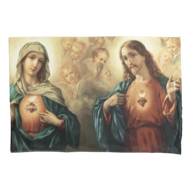 Sacred Jesus Immaculate Heart Mary Angels Cherubs Pillow Case (Front)