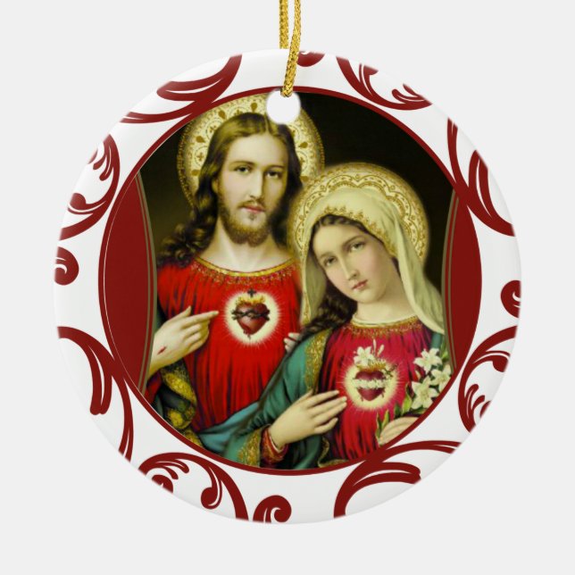 Sacred Jesus Immaculate Heart Mary Red Lace Ceramic Ornament (Front)
