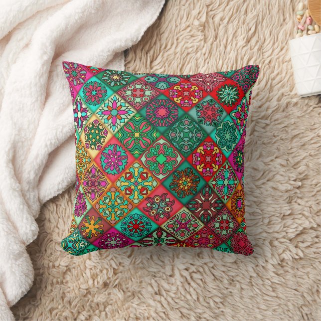Sacred Lines – Geometric Boho Indian Pattern Throw Pillow (Blanket)