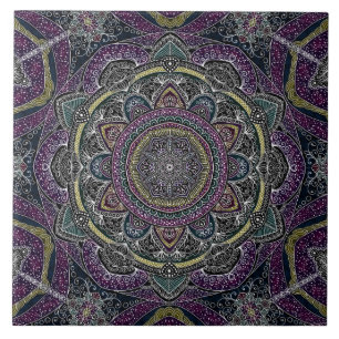 Sacred mandala stars and lace purple and black ceramic tile