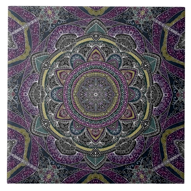 Sacred mandala stars and lace purple and black ceramic tile (Front)