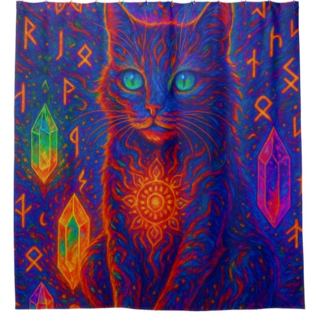Sacred Neon Cat Shower Curtain (Front)