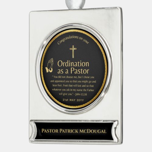 Sacred Newly Ordained Pastor Bible Verse Custom Silver Plated Banner Ornament