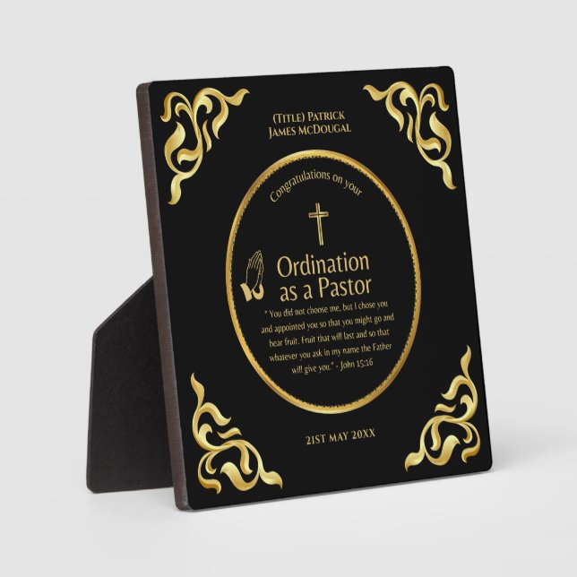 Sacred Newly Ordained Pastor Personalized Gift Plaque (Front)