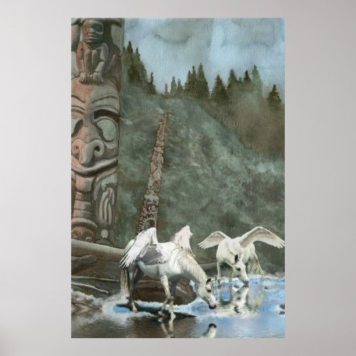 Sacred Pegasi River and Totem Poles Fantasy Art Poster