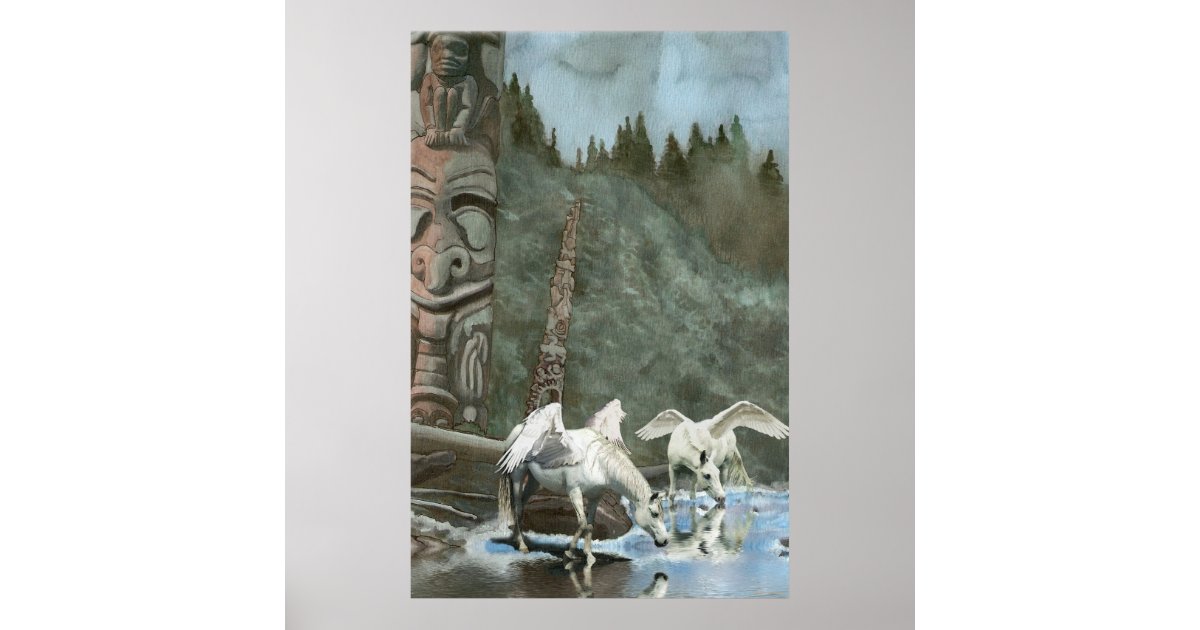 Sacred Pegasi, River and Totem Poles Fantasy Art Poster | Zazzle
