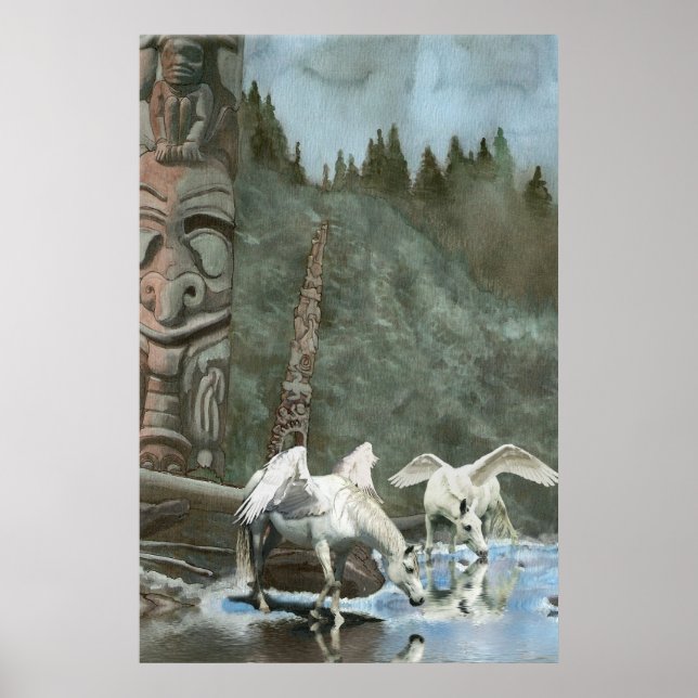 Sacred Pegasi, River and Totem Poles Fantasy Art Poster (Front)