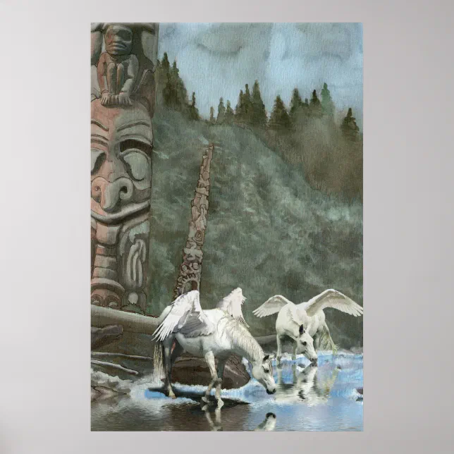 Sacred Pegasi, River and Totem Poles Fantasy Art Poster | Zazzle