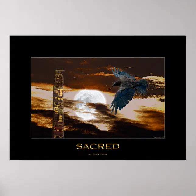SACRED Raven, Moon & Totem Pole Art Poster | Zazzle