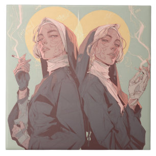 Sacred Rebels: Dreamlike Nun Esthetic with Graffi Ceramic Tile