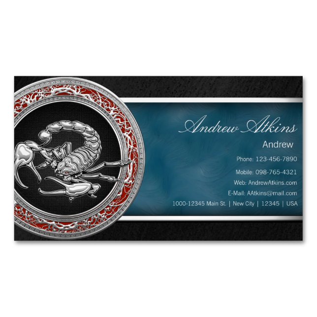 Sacred Silver Scorpion on Black Business Card Magnet (Front)