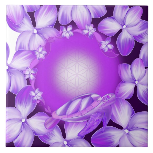 Sacred Turtle, Flower of Life & Floral Design Ceramic Tile (Front)