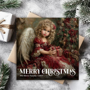 Sacred Victorian Angel Deep Red Gold Christmas Holiday Card