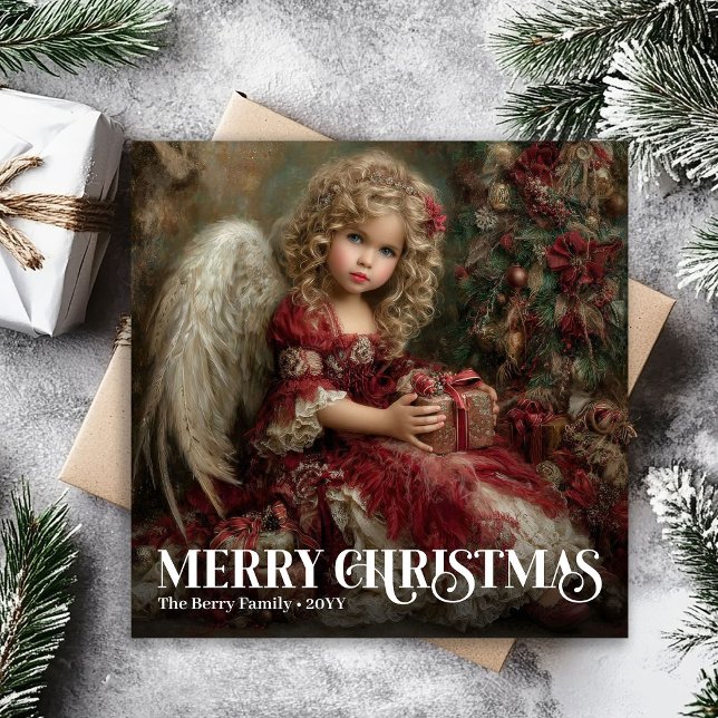 Sacred Victorian Angel Deep Red Gold Christmas  Holiday Card (Sacred Victorian Angel Deep Red Gold Christmas Card)