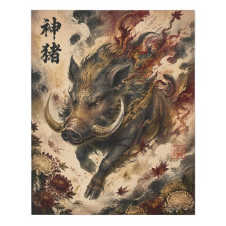 Sacred Wild Boar | Japanese Mythology Art Faux Canvas Print
