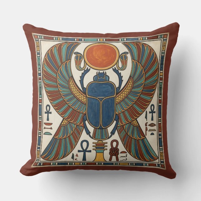 Sacred Winged Scarab of Khepri: Egyptian Revival Throw Pillow (Front)
