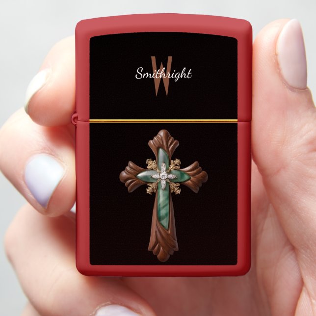 Sacred Wood: Green and White Cross Zippo Lighter (In Hand)