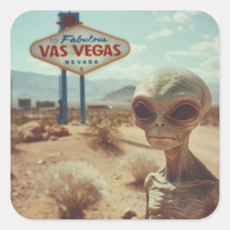 Sad Alien In Front Of The Las Vegas Sign Square Sticker
