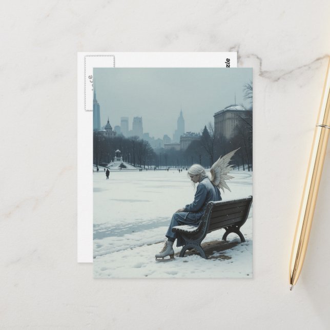 Sad angel in ice skates sitting on a park bench postcard (Front/Back In Situ)