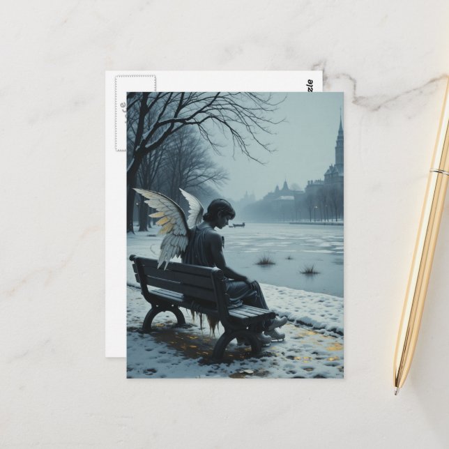Sad angel sitting on a park bench postcard (Front/Back In Situ)