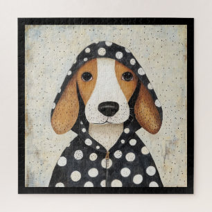 Sad Beagle Puppy in Polka Dot Hoodie Jigsaw Puzzle
