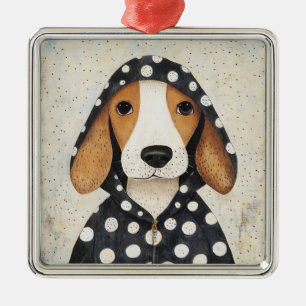 Sad Beagle Puppy in Polka Dot Hoodie Metal Ornament