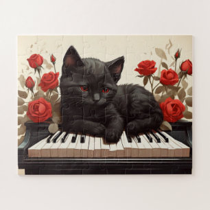 Sad black cat on piano jigsaw puzzle