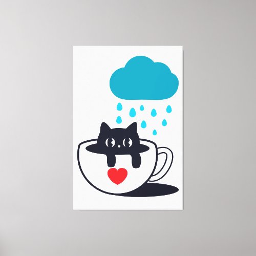 Sad Black Cute Cat in Mug Rain Cloud Red Heart Her Canvas Print