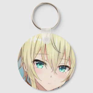Sad blond girl green eyes anime manga keychain