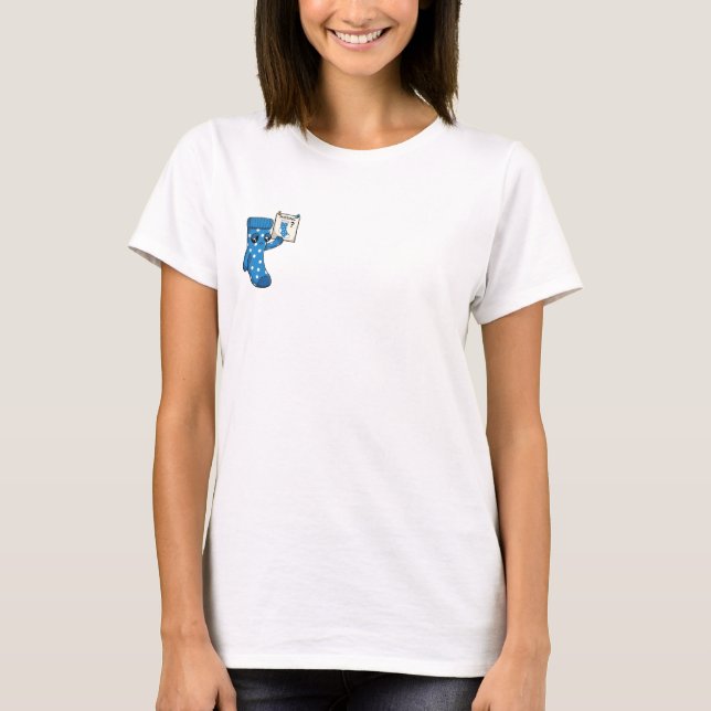 Sad Blue Polka Dot Sock Character Holding Missing T-Shirt (Front)