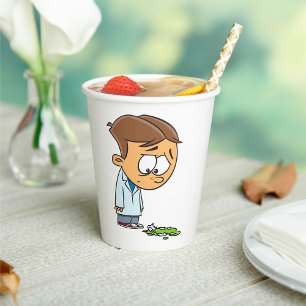 Sad Boy Scientist with Broken Experiment Paper Cups