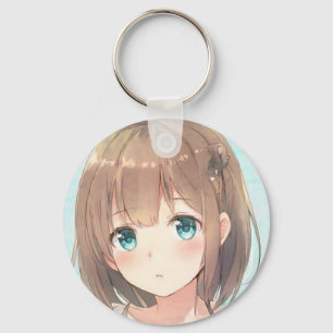 Sad brown hair girl emerald green eyes anime manga keychain