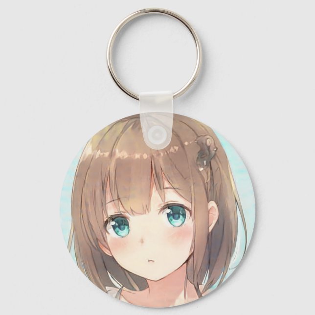 Sad brown hair girl emerald green eyes anime manga keychain (Front)