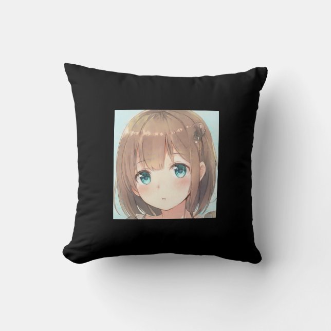 Sad brown hair girl emerald green eyes anime manga throw pillow (Front)