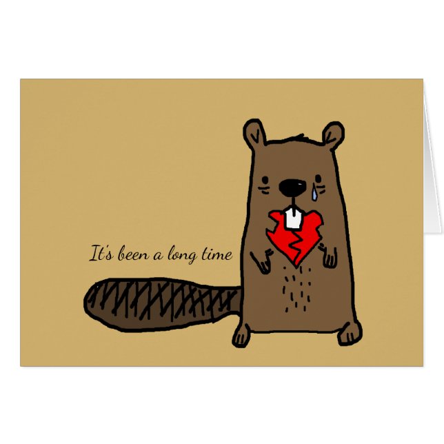 Sad Cartoon Beaver With Gnawed Heart & Custom Text Cards (Front Horizontal)
