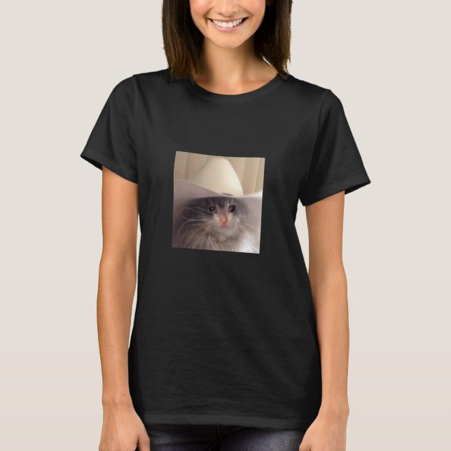 Sad Cat Cowboy Hat Meme Funny Internet Viral Joke  T-Shirt (Front)
