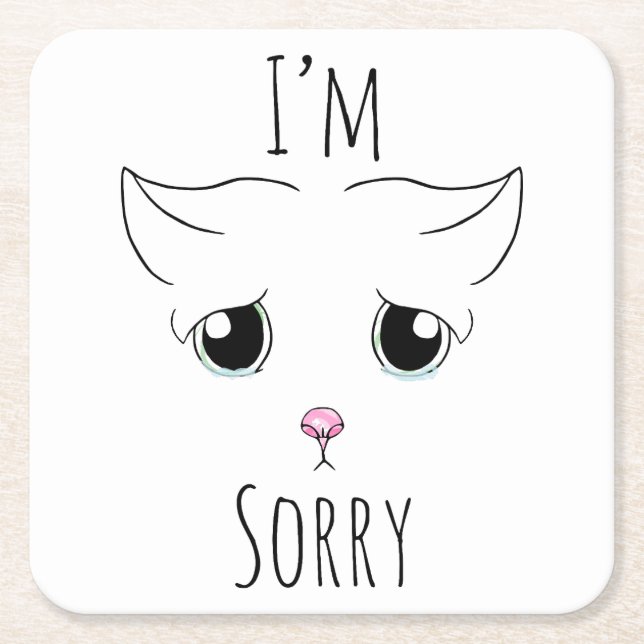 Sad Cat Face: I'm Sorry Square Paper Coaster (Front)